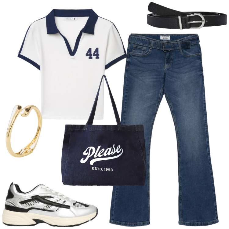 Outfit donna - Agosto. Stile Casual per Tutti i giorni. Abbinamento con braccialetti, jeans a zampa, polo, sneakers, cinture, shopping bag.