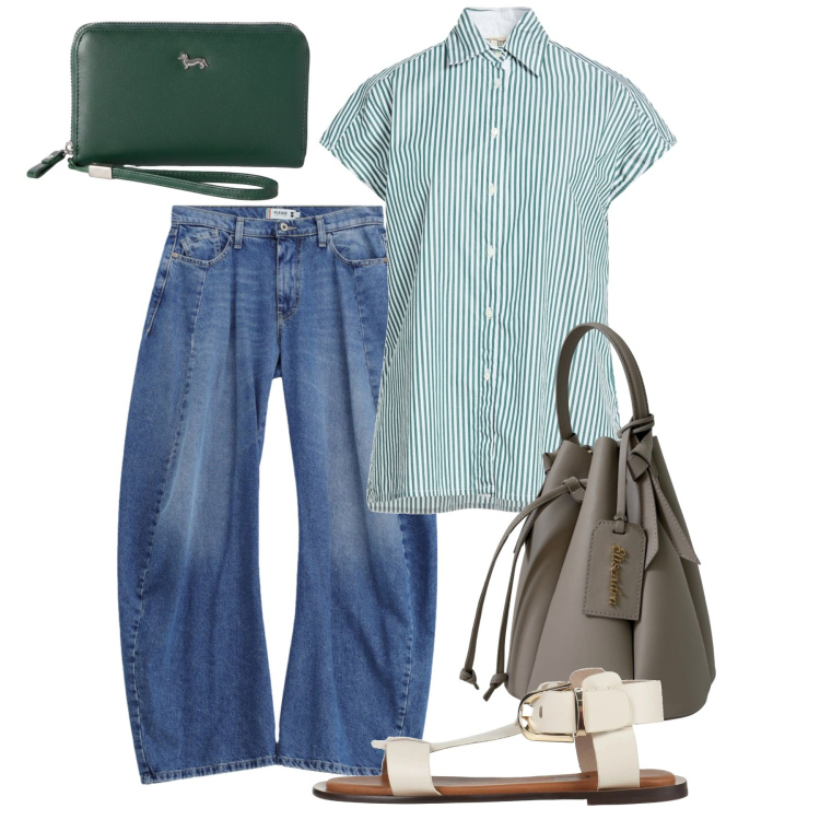 Outfit donna - A righe - @pamela. Stile Bon Ton per Tutti i giorni. Abbinamento con sandali alla schiava, camicie a manica corta, jeans, portafogli, borse a secchiello.