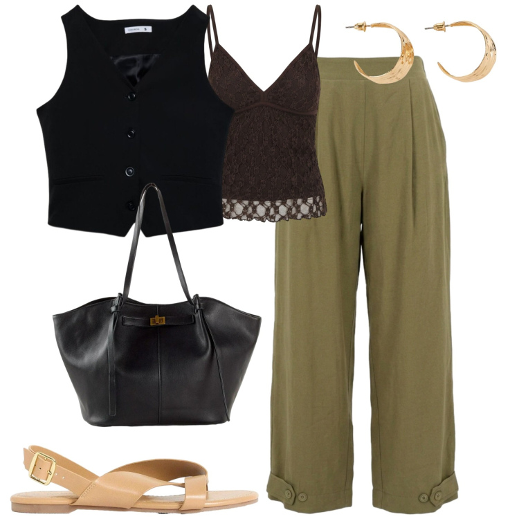Outfit donna - City. Stile Casual chic per Tutti i giorni. Abbinamento con shopping bag, sandali, orecchini, gilet, canottiere, pantaloni.