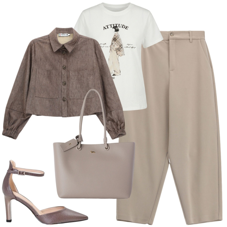Outfit donna - Rientro in città col fresco. Stile Casual chic per Tutti i giorni. Abbinamento con shopping bag, t-shirt, décolleté, cappotti, pantaloni.