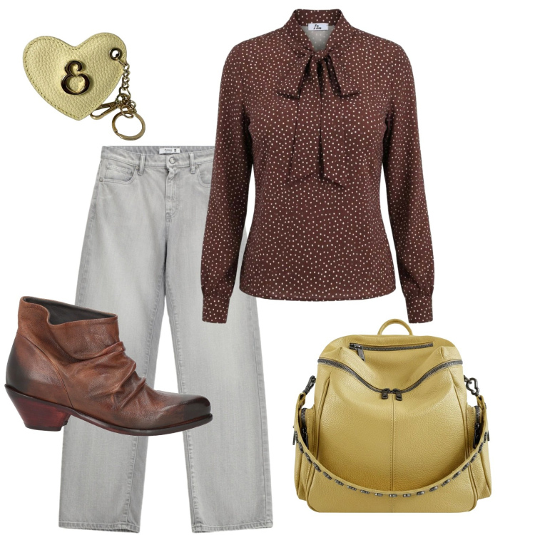 Outfit donna - Fumo e moka. Stile Casual per Ufficio. Abbinamento con stivaletti texani, bluse, jeans, zaini, portachiavi.