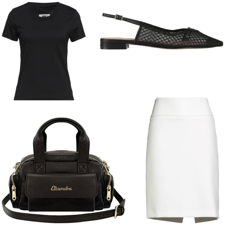 Outfit donna - In ufficio ad agosto. Stile Chic per Ufficio. Abbinamento con ballerine, minigonne, t-shirt, borse a mano.