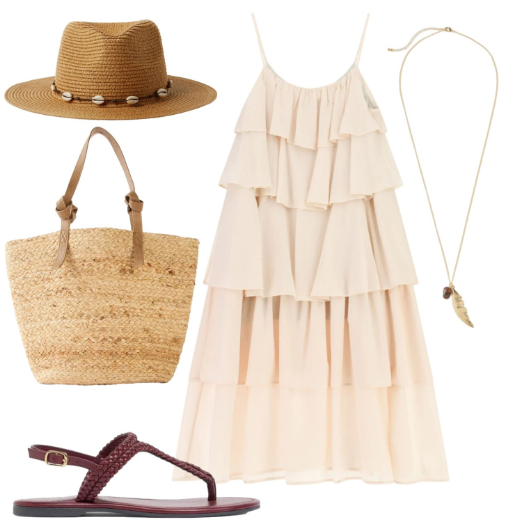 Outfit donna - Al Mare chic. Stile Boho per Mare. Abbinamento con shopping bag, ciabatte, collane, cappelli, vestiti lunghi.