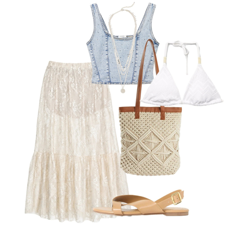 Outfit donna - Vacanze boho al mare - @milena_263004. Stile Boho per Mare. Abbinamento con sandali, collane, shopping bag, canottiere, bikini, gonne lunghe.