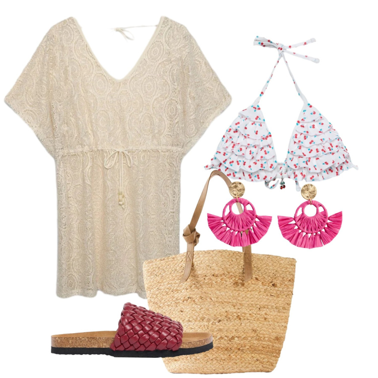 Outfit donna - Vacanze boho al mare - @milena_263004. Stile Boho per Mare. Abbinamento con shopping bag, orecchini, ciabatte, bikini, caftani.
