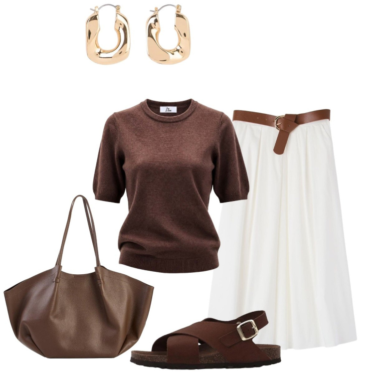 Outfit donna - Midi bianca e toni terrosi. Stile Chic per Ufficio. Abbinamento con shopping bag, sandali in pelle, orecchini, gonne longuette, maglieria.
