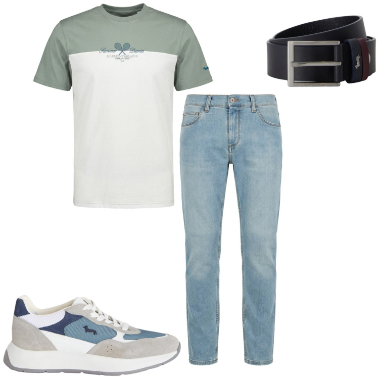 Outfit uomo - In giro con amici. Stile Casual per Tutti i giorni. Abbinamento con jeans slim fit, sneakers, t-shirt, cinture.