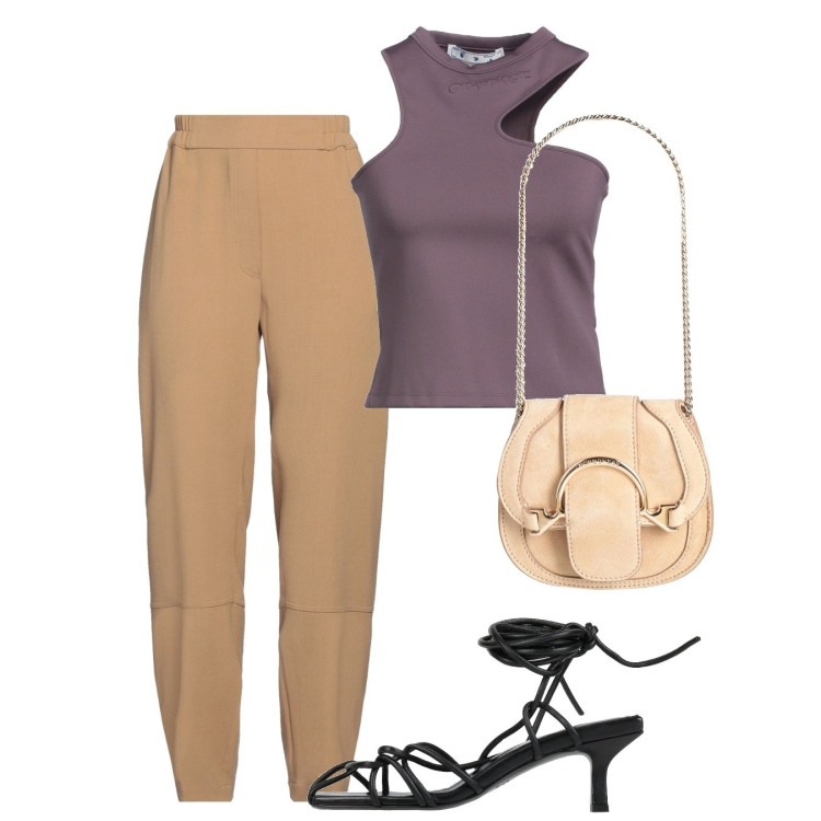 Outfit donna - Cena vista mare - Focus Donna Curvy Ital. Stile Chic per Serata fuori. Abbinamento con top, marsupi, sandali col tacco, pantaloni.