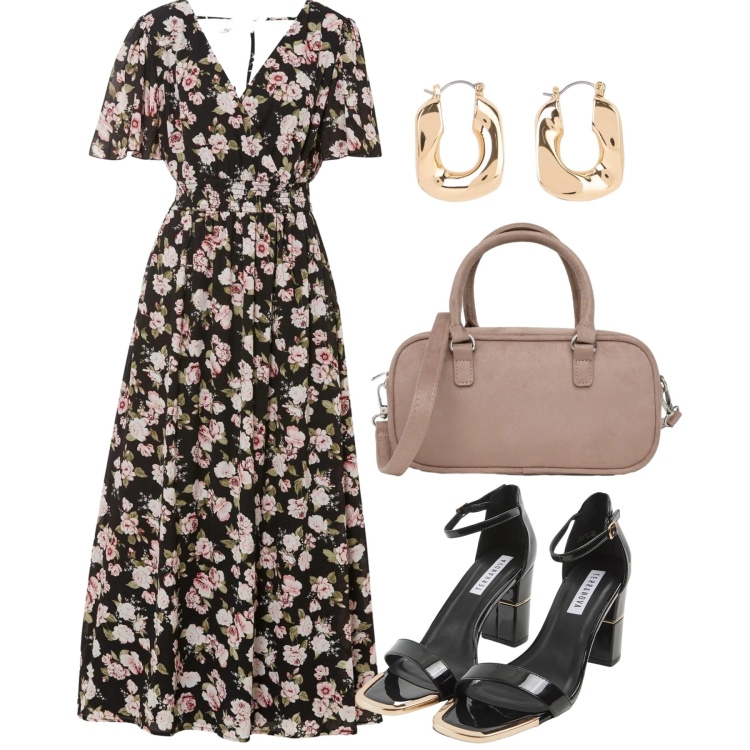 Outfit donna - Cena vista mare - Focus Donna Curvy Ital. Stile Romantica per Serata fuori. Abbinamento con vestiti lunghi, orecchini, sabot, borse a tracolla.