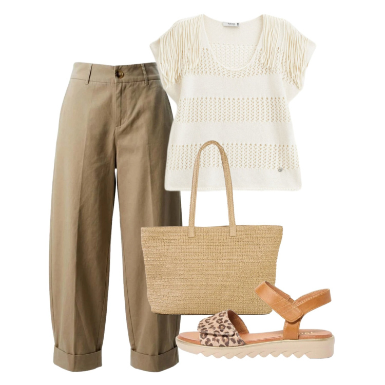 Outfit donna - Naturale in vacanza - Focus Donna Curvy. Stile Bon Ton per Tutti i giorni. Abbinamento con shopping bag, sandali, pantaloni, top.
