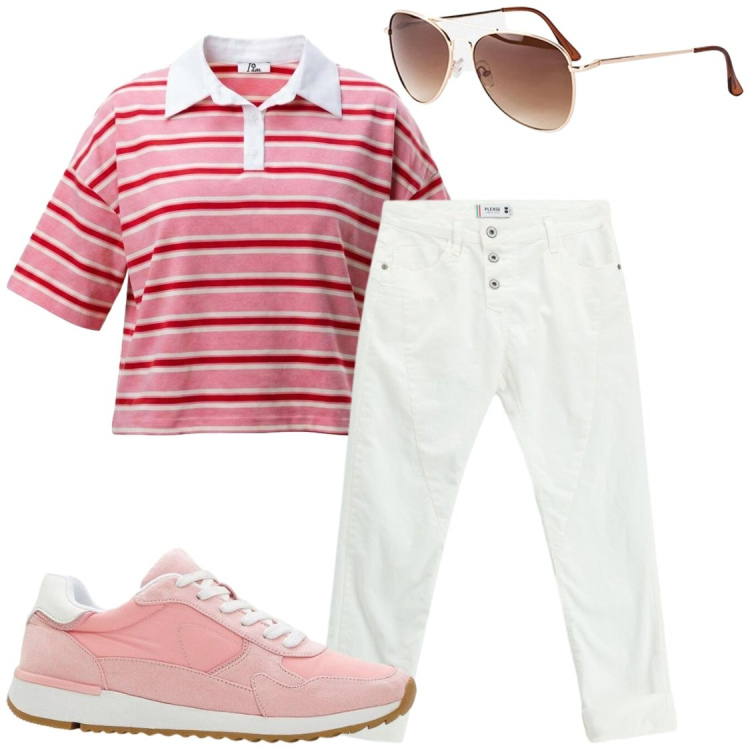 Outfit donna - A righe con I am. Stile Casual per Ufficio. Abbinamento con sneakers, occhiali da sole, polo, pantaloni.