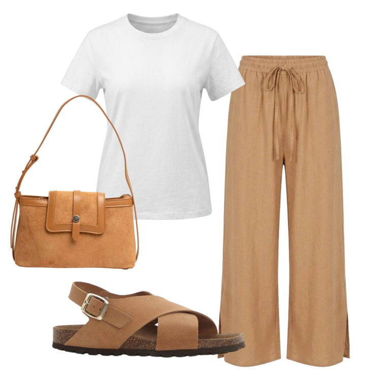Outfit donna - Total look #2454183. Stile Casual per Tutti i giorni. Abbinamento con sandali in pelle, pantaloni, borse a tracolla, t-shirt.