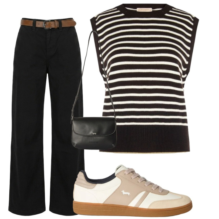 Outfit donna - Rientri a lavoro. Stile Casual chic per Ufficio. Abbinamento con sneakers, borse a tracolla, maglieria, pantaloni.