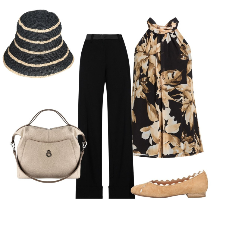 Outfit donna - Nero e beige : classico. Stile Chic per Tutti i giorni. Abbinamento con pantaloni, top, cappelli con visiera, ballerine, borse a mano.