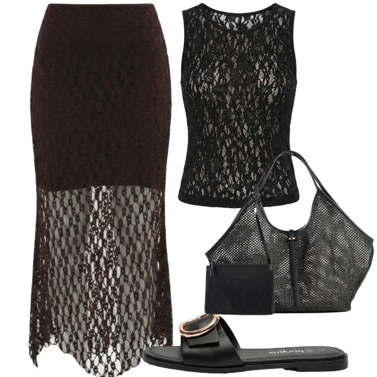 Outfit donna - Total look #2454192. Stile Chic per Serata fuori. Abbinamento con shopping bag, ciabatte, top, gonne longuette.
