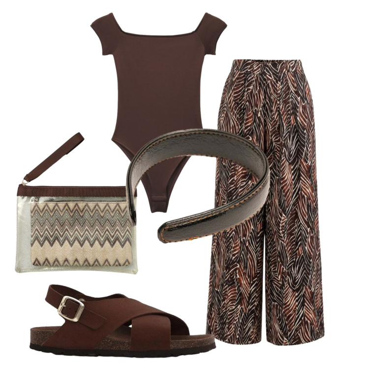Outfit donna - Total look #2454197. Stile Casual per Tutti i giorni. Abbinamento con sandali in pelle, top, pochette, pantaloni a palazzo, cerchietti.