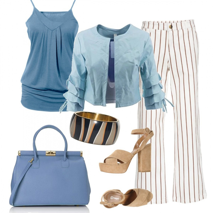 Outfit donna - Chic low cost. Stile Chic per Tutti i giorni. Abbinamento con top, pantalone motivo gessato, sandali in pelle, giacca in ecopelle, borsa a mano azzurro, bangle.