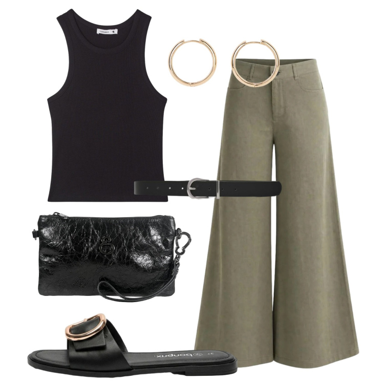 Outfit donna - Total look #2454200. Stile Urban per Tutti i giorni. Abbinamento con orecchini, ciabatte, canottiere, cinture, pantaloni a palazzo, pochette.