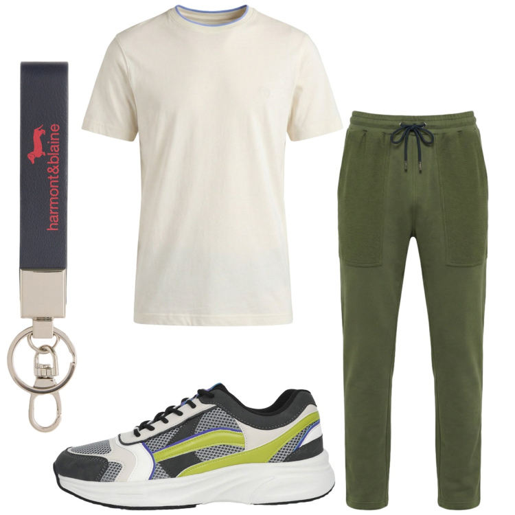 Outfit uomo - Total look #2454201. Stile Casual per Sport. Abbinamento con pantaloni, t-shirt, portachiavi, sneakers.