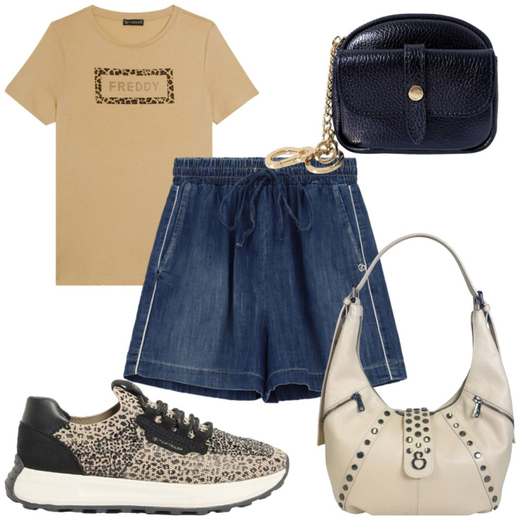 Outfit donna - Total look #2454203. Stile Basic per Tutti i giorni. Abbinamento con sneakers, shorts, t-shirt, borse a spalla, portachiavi.