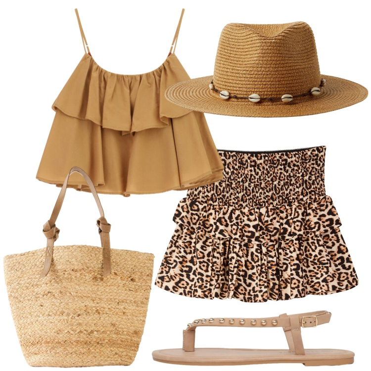 Outfit donna - Total look #2454206. Stile Trendy per Tutti i giorni. Abbinamento con shopping bag, cappelli, minigonne, ciabatte, top.