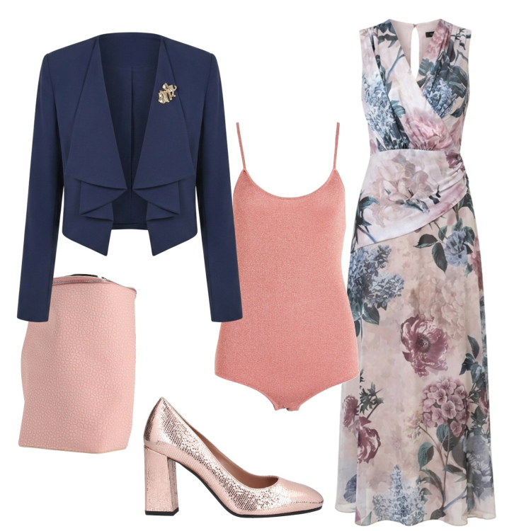 Outfit donna - Flower power. Stile Chic per Cerimonia. Abbinamento con zaini, décolleté, body, vestiti lunghi, blazer.
