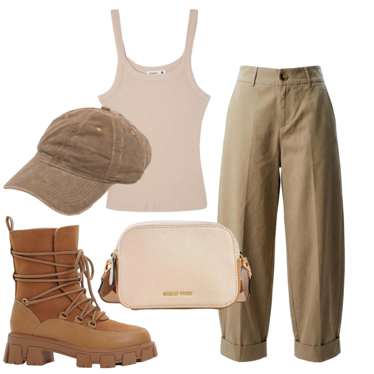 Outfit donna - Total look #2454211. Stile Sporty chic per Sport. Abbinamento con stivaletti, borse a tracolla, canottiere, pantaloni, cappelli con visiera.