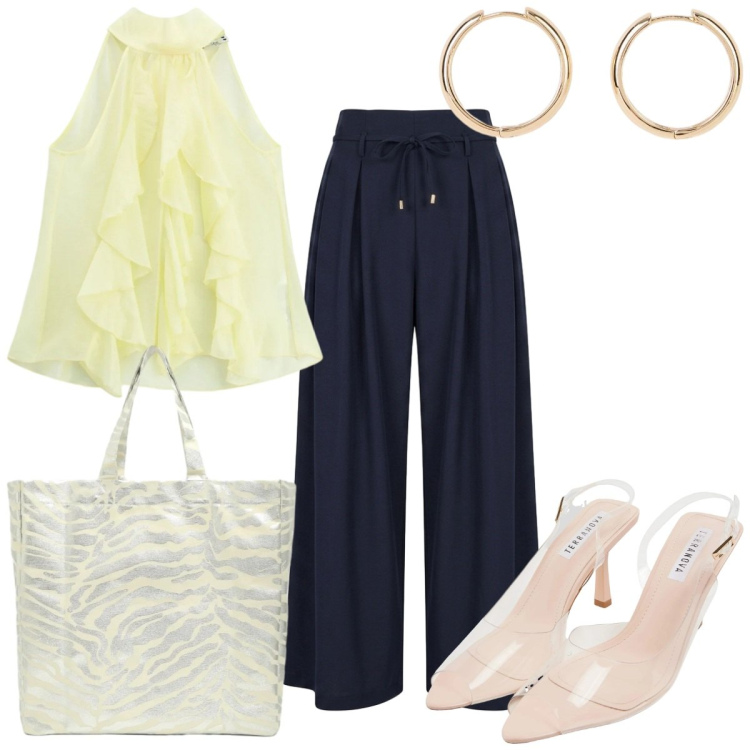 Outfit donna - Total look #2454213. Stile Glamour per Tutti i giorni. Abbinamento con orecchini, sandali col tacco, shopping bag, top, pantaloni a palazzo.