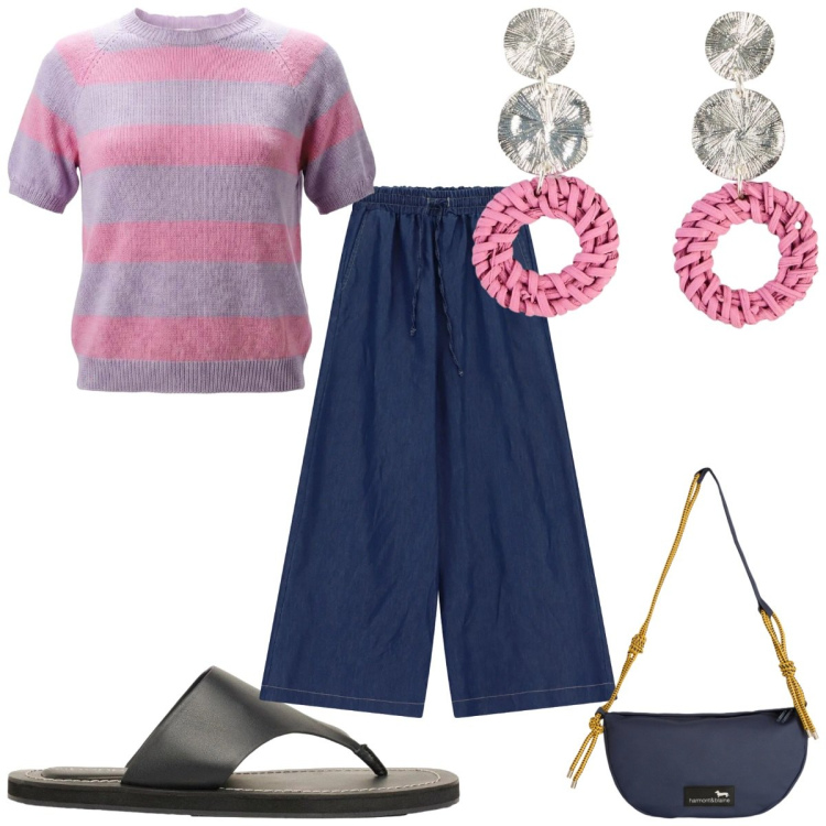 Outfit donna - Total look #2454214. Stile Trendy per Tutti i giorni. Abbinamento con infradito, orecchini, maglieria, pantaloni a palazzo, borse a tracolla.