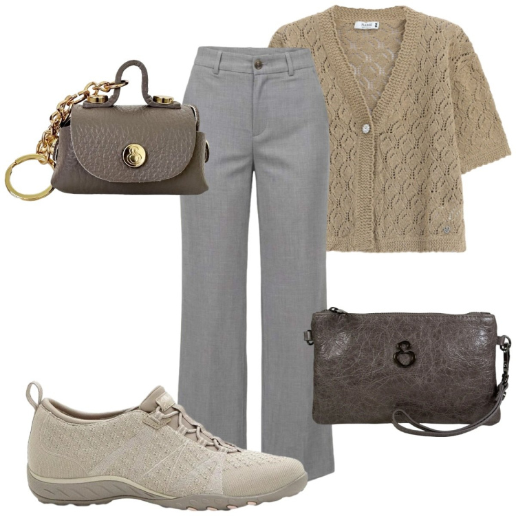 Outfit donna - Total look #2454217. Stile 70s per Tutti i giorni. Abbinamento con sneakers, pantaloni, cardigans, portachiavi, pochette.