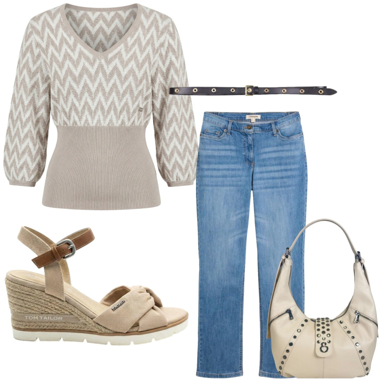 Outfit donna - Total look #2454219. Stile Casual per Tutti i giorni. Abbinamento con sandali col tacco, jeans dritti, maglieria, cinture, borse a spalla.