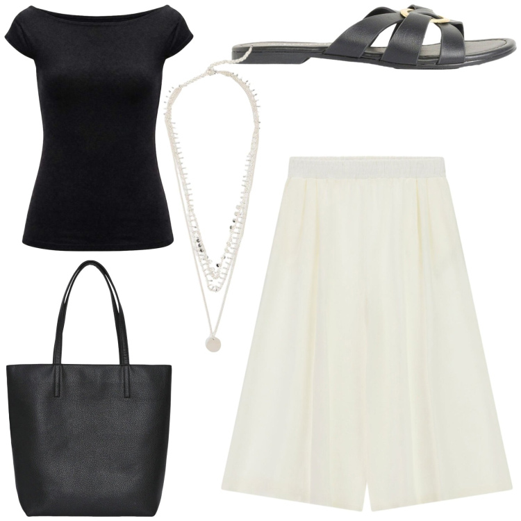 Outfit donna - Rientro in città. Stile Urban per Tutti i giorni. Abbinamento con ciabatte, collane, borse tote, top, pantaloni a palazzo.