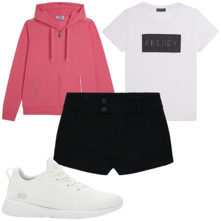 Outfit donna - Total look #2454223. Stile Basic per Sport. Abbinamento con sneakers, shorts, felpe con cappuccio, t-shirt.