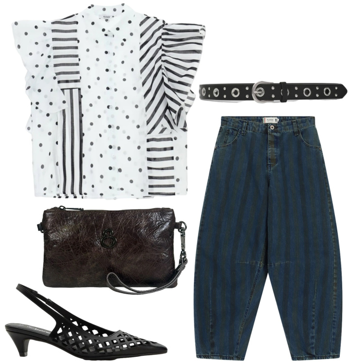 Outfit donna - Total look #2454225. Stile Casual chic per Ufficio. Abbinamento con décolleté, cinture, camicie, jeans, pochette.
