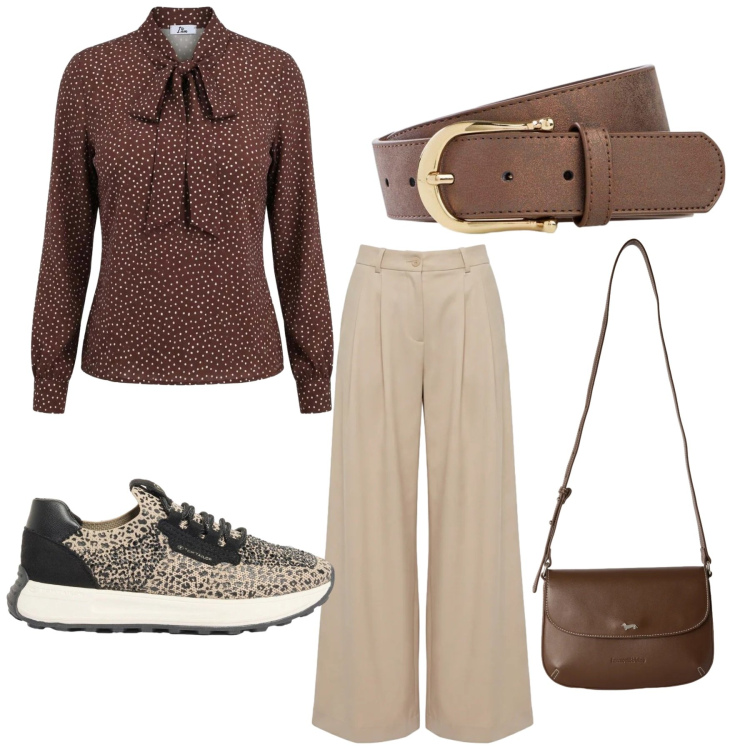 Outfit donna - Total look #2454227. Stile Romantica per Ufficio. Abbinamento con sneakers, cinture, pantaloni, borse a tracolla, bluse.