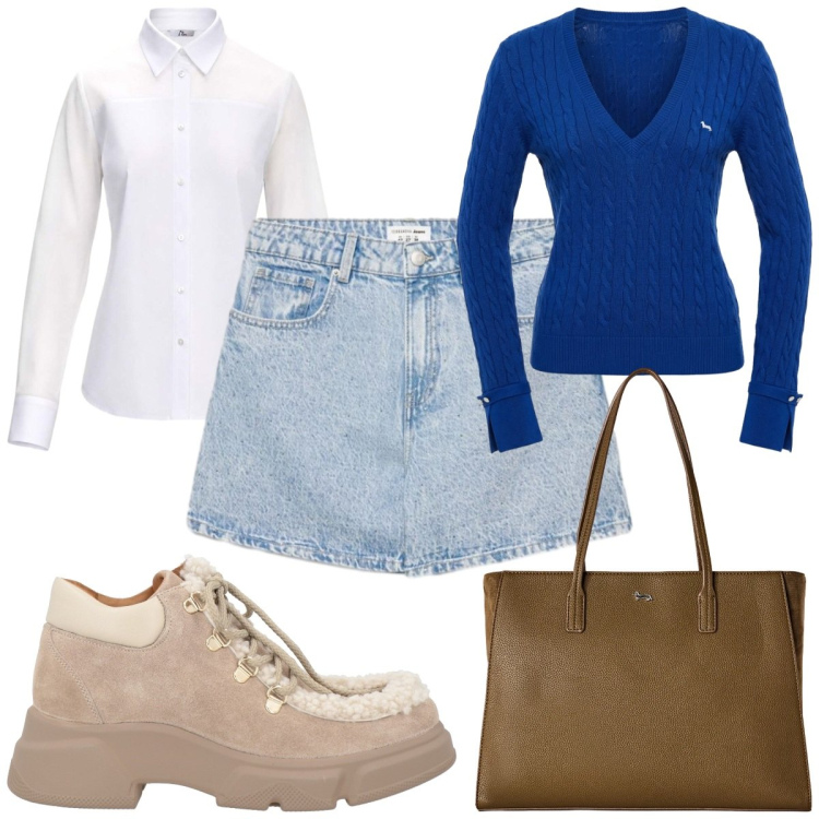 Outfit donna - Total look #2454229. Stile Preppy per Tutti i giorni. Abbinamento con stivaletti, shorts, camicie, pullovers, shopping bag.