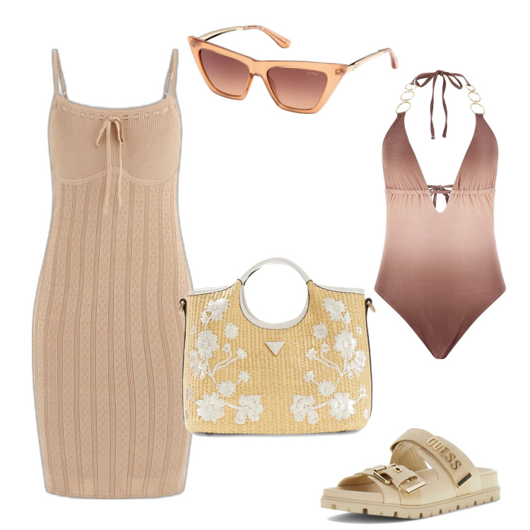 Outfit mujer - Casual #7374. Estilo Casual para Mar. Combinación con vestidos cortos, bañadores, sandalias de tacón, bolsos de mano, gafas de sol.