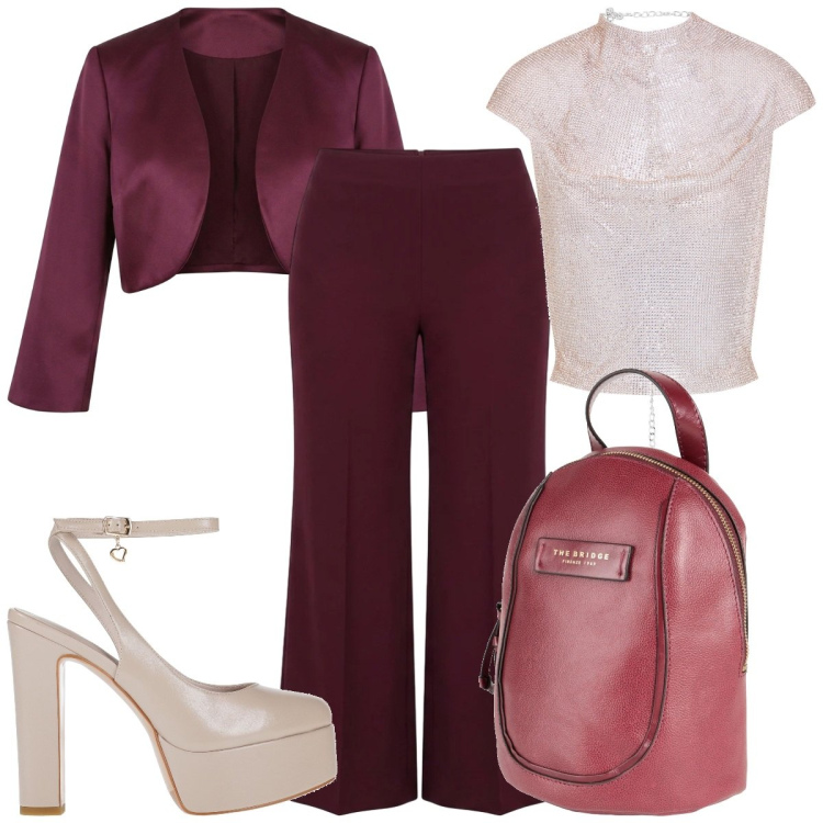 Outfit donna - Total look #2454232. Stile Trendy per Cerimonia. Abbinamento con top, zaini, décolleté, pantaloni a palazzo, bolero.