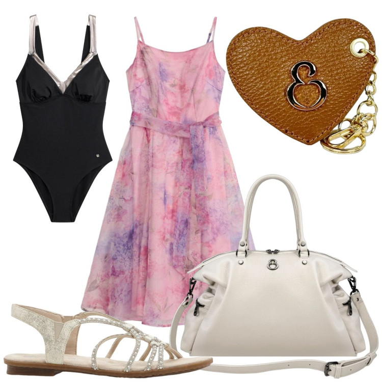 Outfit donna - Total look #2454236. Stile Romantica per Mare. Abbinamento con vestiti corti, sandali, costumi interi, portachiavi, shopping bag.
