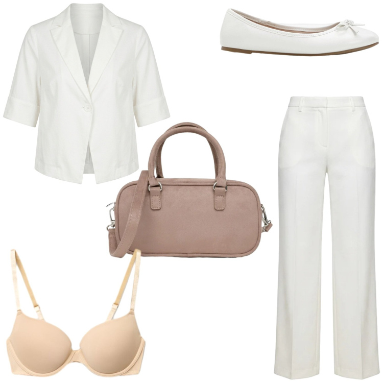 Outfit donna - Rientro in città. Stile Chic per Serata fuori. Abbinamento con ballerine, reggiseni, borse a tracolla, pantaloni a palazzo, blazer.