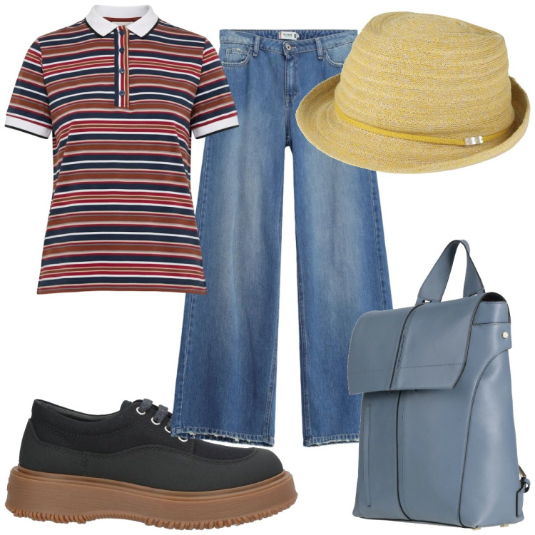 Outfit donna - Total look #2454246. Stile Casual per Tutti i giorni. Abbinamento con zaini, scarpe stringate, cappelli, jeans dritti, polo.
