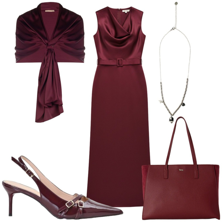 Outfit donna - Total look #2454249. Stile Glamour per Cerimonia. Abbinamento con shopping bag, vestiti lunghi, décolleté, stole, ciondoli.