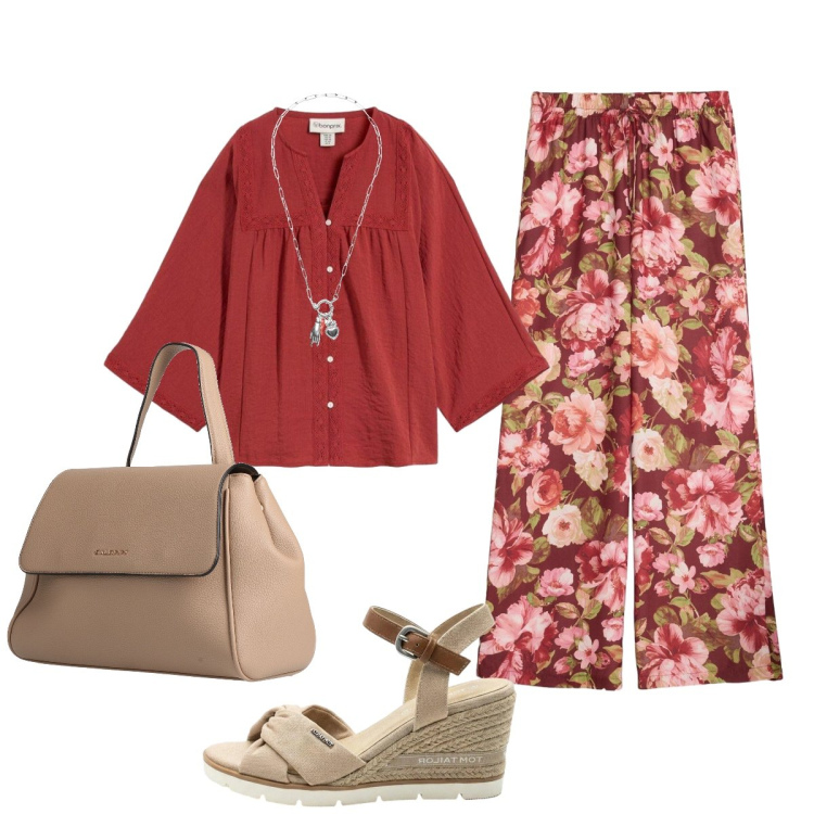 Outfit donna - Anima boho. Stile Casual chic per Tutti i giorni. Abbinamento con zaini, pantaloni, camicie, sandali col tacco, ciondoli.