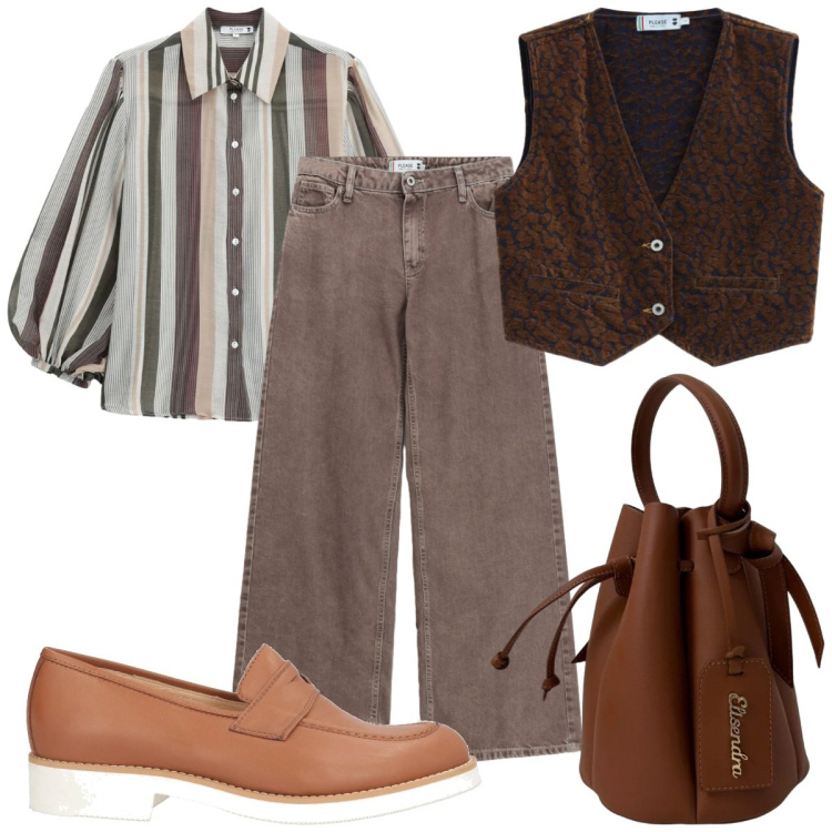 Outfit donna - Total look #2454251. Stile Casual per Tutti i giorni. Abbinamento con mocassini, camicie, gilet, jeans dritti, borse a secchiello.