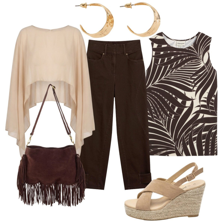 Outfit donna - Look fresco e rilassato. Stile Glamour per Tutti i giorni. Abbinamento con sandali col tacco, pantaloni, orecchini, top, borse a tracolla, blazer.