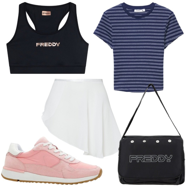 Outfit donna - Total look #2454254. Stile Trendy per Sport. Abbinamento con sneakers, t-shirt, borse messenger, minigonne, top.