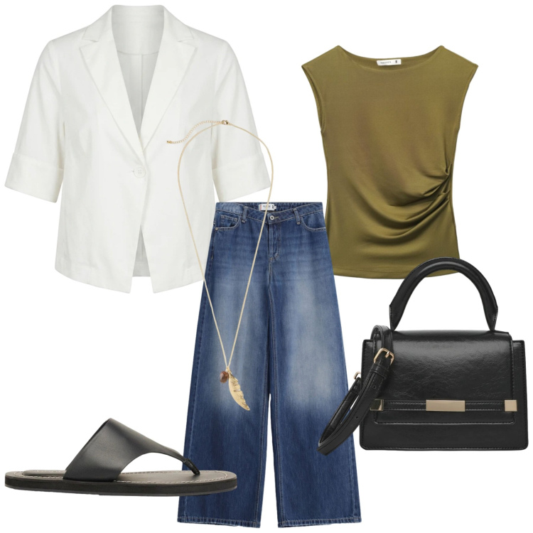 Outfit donna - Total look #2454256. Stile Bon Ton per Serata fuori. Abbinamento con infradito, collane, top, borse a spalla, jeans, blazer.
