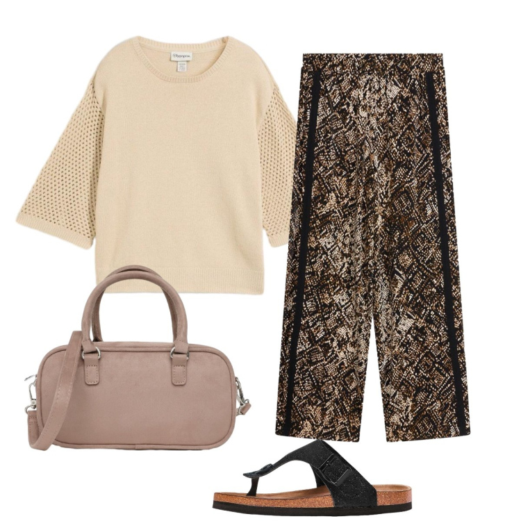 Outfit donna - Armonia sabbia e marrone. Stile Casual chic per Tutti i giorni. Abbinamento con maglieria, infradito, pantaloni, borse a tracolla.