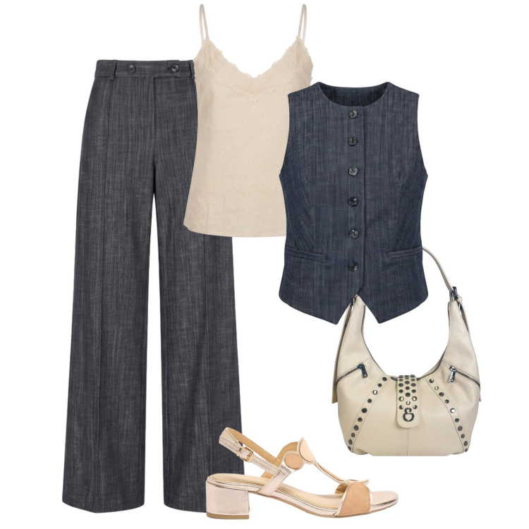 Outfit donna - In ufficio ad agosto. Stile Glamour per Ufficio. Abbinamento con sandali col tacco, gilet, jeans, top, borse a spalla.