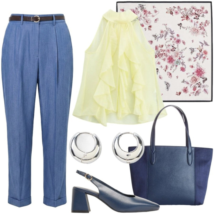 Outfit donna - Pranzo di lavoro. Stile Bon Ton per Ufficio. Abbinamento con décolleté, orecchini, shopping bag, foulard, top, pantaloni.